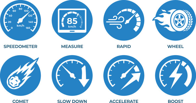 Set of circular performance icons featuring speedometer measurement rapid wheel comet slow down and boost effect.