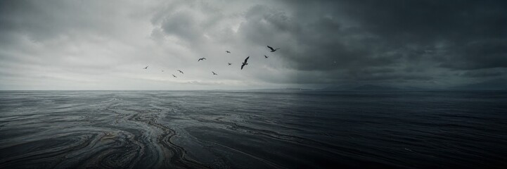 Obraz premium Stormy polluted ocean landscape with dark contaminated water and birds, environmental disaster website banner wide format, marine ecology crisis concept.