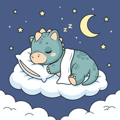 Fototapeta premium Cute Baby Dinosaur Sleeping Peacefully on a Fluffy Cloud Under a Starry Night Sky