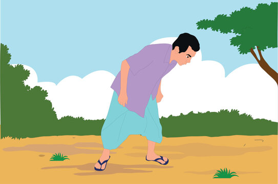 bangladeshi indian pakistani rohigya poor village man  male human person character wearing lungi shirt searching something lookong at the ground