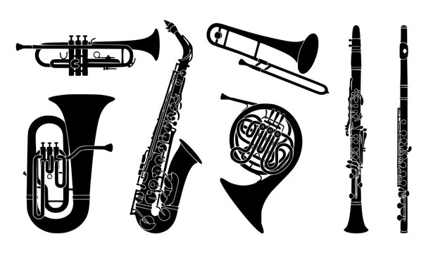 Brass and wind musical instrument silhouettes vector collection for jazz band and orchestra themes