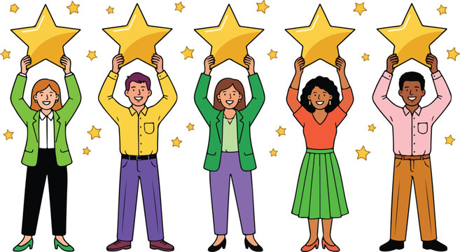 Diverse people holding golden stars, colorful illustration, award and recognition concept, teamwork and success icons