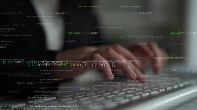 Close-up view of hands typing on a keyboard, surrounded by floating programming code and syntax, illustrating creativity and problem-solving in modern software development. Xenic