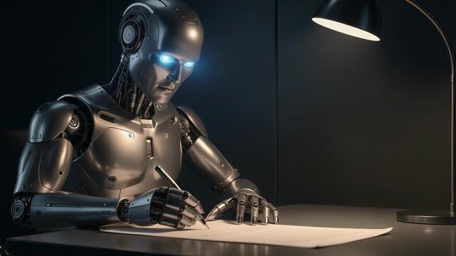 Futuristic robot writing thoughtfully in a dimly lit room with glowing eyes inspired by firefly light