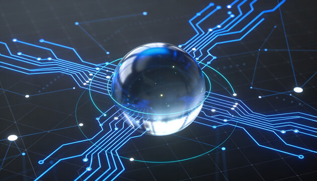 Glass sphere rests atop a complex glowing circuit board to symbolize the integration of data and hardware innovation.