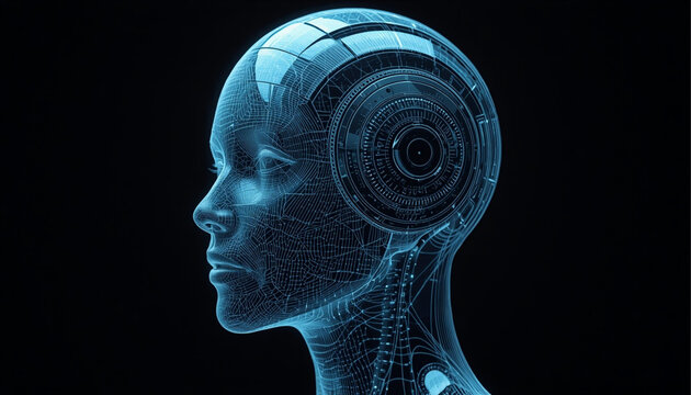 Humanoid head silhouette displayed as a blue digital wireframe represents the complex neural networks and data processing capabilities of advanced artificial intelligence.