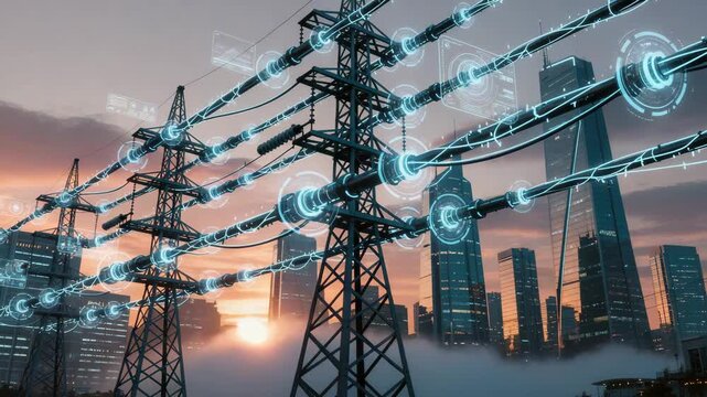 Futuristic cityscape at sunset with advanced holographic smart grid technology illuminating urban skyline