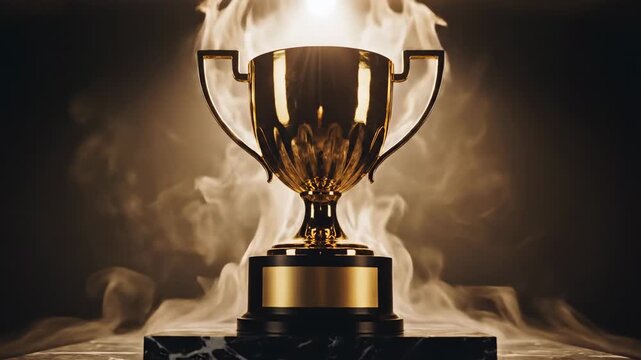 Golden trophy cup on a marble stand, illuminated by a spotlight amidst swirling smoke, symbolizing achievement and victory
