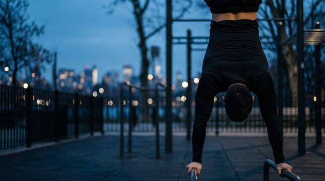 Man performing handstand on parallel bars at outdoor city gym.
