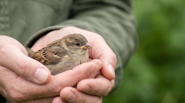 Hands holding a small bird representing wildlife care and nature conservation.