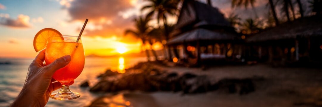 Refreshing tropical cocktail at sunset beach with blurred resort background, luxury summer holiday concept.
