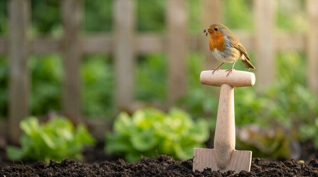 European robin bird perched on garden tool in organic vegetable patch.