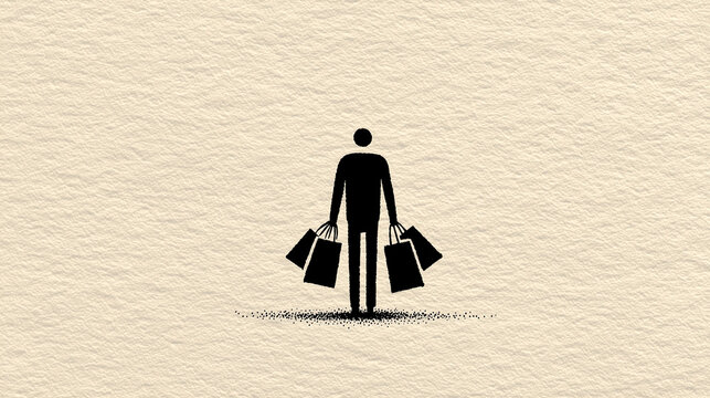 Person Carrying Multiple Shopping Bags That Are Nearly Empty - Inflation and Shrinking Purchasing Power, Black and White Ink Illustration

