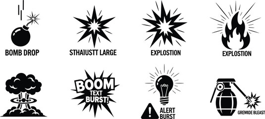Set of explosion icons, bomb drop, large, blast, text burst, alert, fire, effect, warning, danger, power, dynamic, energy, comic, boom. © Emongrapic