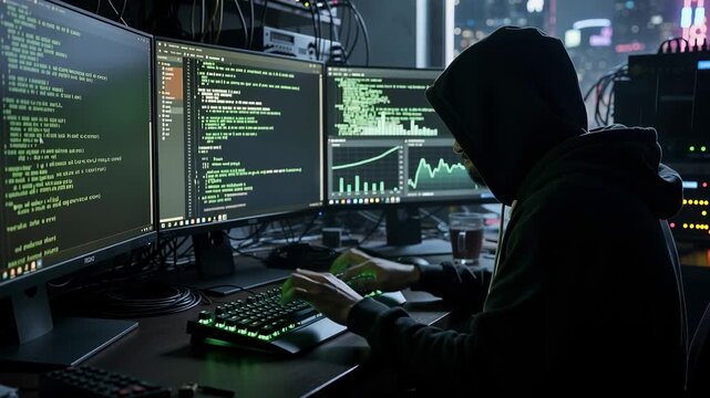 Hooded programmer coding intensely on glowing keyboards surrounded by multiple monitors in dark room