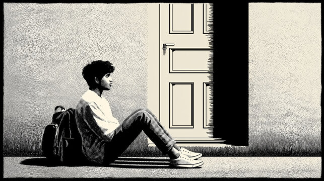 Teenager Sitting on Floor Outside Closed Classroom Door with Backpack - School Exclusion and Unequal Access to Education, Black and White Ink Illustration

