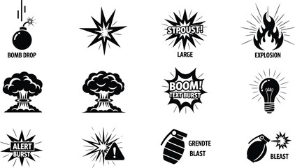 Set of explosion icons, bomb, burst, text, drop, blast, fire, light, alert, warning, effect, comic, dynamic, energy, danger, weapon. © Emongrapic