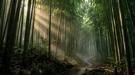 Obraz premium Sunlight rays streaming through a tall green bamboo forest