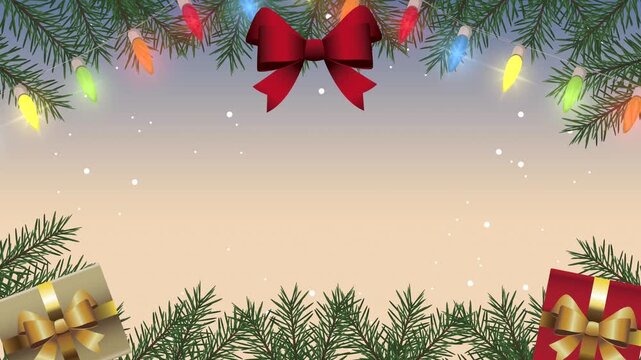 Christmas festive background with pine tree branches ornaments and colorful glowing lights motion graphics.