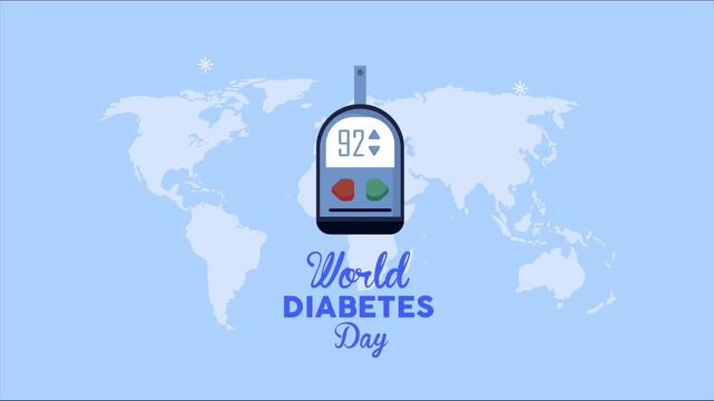 World diabetes day with glucometer on earth map motion graphic animation for health awareness.