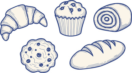 Bakery illustration set croissant muffins bread and pastries in sketch style © MSTKASPIYA