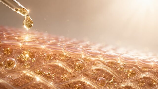 Golden serum drop penetrating skin layers, skincare science concept, cosmetic hydration treatment, glowing beauty illustration.