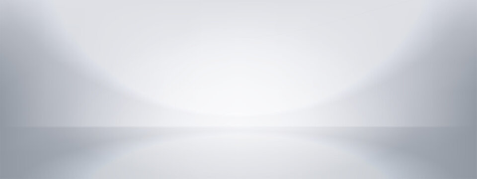 Empty white background with limbo light on floor. Grey gradient texture in abstract studio room for minimal indoor pedestal display near wall. Silver kitchen bacground for example commercial photo