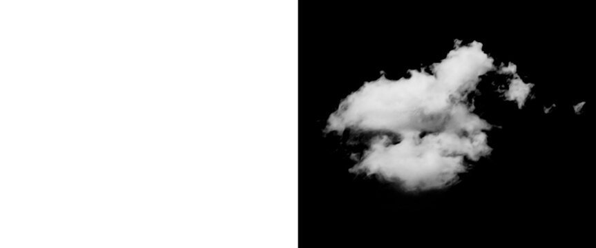 Fluffy white cloud isolated on black background, realistic cumulus cloud cutout for photo compositing, soft atmospheric vapor element