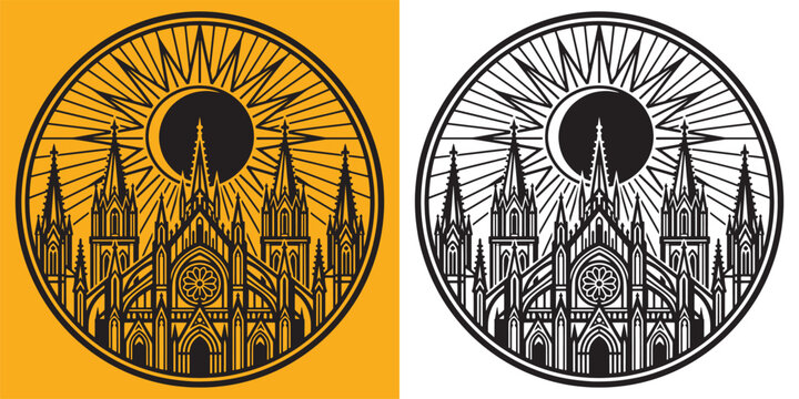 Gothic Cathedral Silhouette with Celestial Sun and Moon Circle Logo