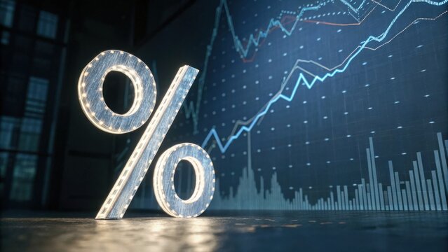 A large illuminated percentage symbol stands in front of a digital financial chart displaying fluctuating stock market data and trends.