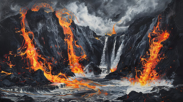 Flames engulf rocky cliffside with waterfall.
