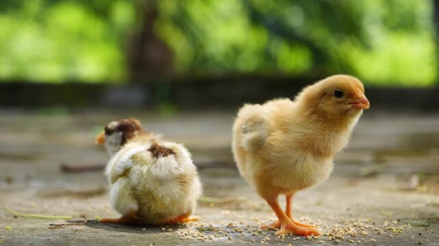 Two Fluffy Baby Chicks Feeding Outdoors in Natural Light