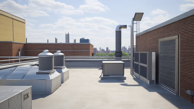 Industrial rooftop featuring air conditioning units, ventilation systems, pipes, and brick walls under a bright sky, overlooking a distant urban skyline