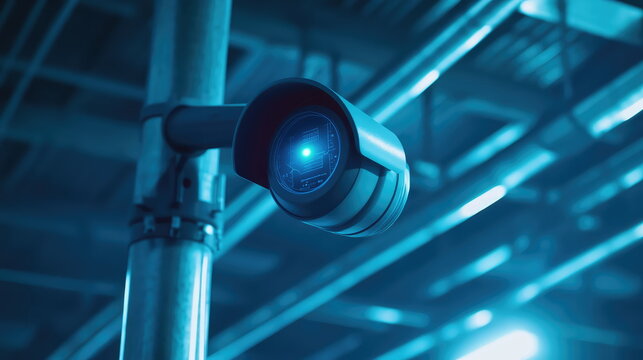 Security camera ensuring constant monitoring and protection, providing surveillance technology with a glowing blue light in a modern, controlled environment
