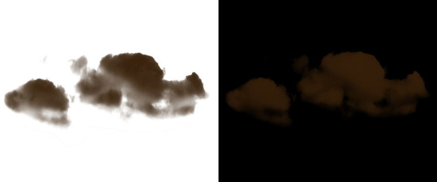 Cinematic dark smoke clouds isolated on white and black background, thick brown smog and dust explosion, heavy steam vapor for compositing