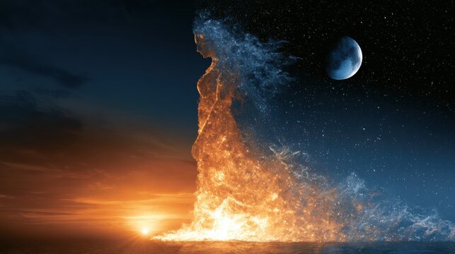 A fiery female figure made of flames and sparks rises against a starry night sky with a crescent moon and a glowing horizon at sunset.