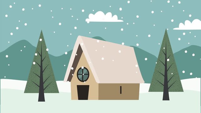 Winter landscape animation featuring cozy small house under falling snow in mountain valley with evergreen trees.