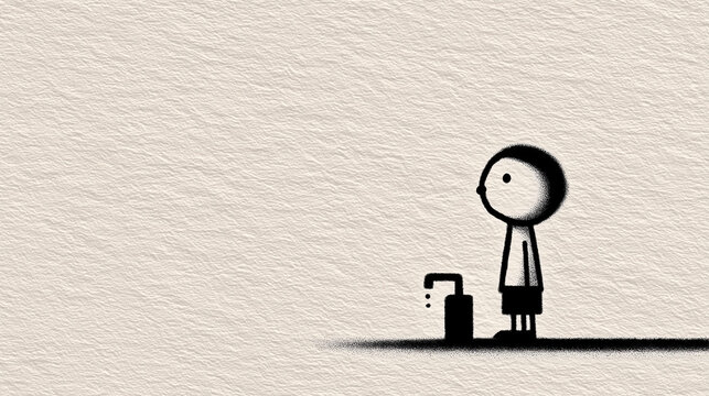Child Standing on Tiptoe to Reach Public Drinking Fountain - Access and Small Everyday Inequalities, Black and White Ink Illustration

