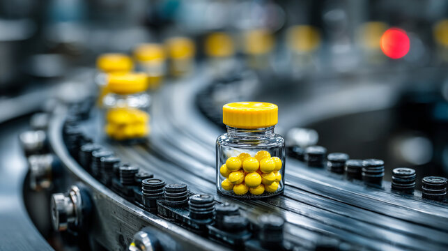 Pharmaceutical manufacturing process with yellow pills on a production line conveyor belt in a factory