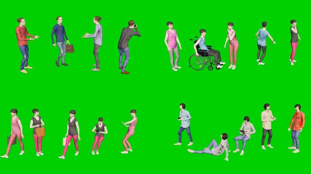 3d people man on green screen chroma key background animated character large crowd with wheelchairs walks across in mixed casual wear ideal for compositing animation production motion