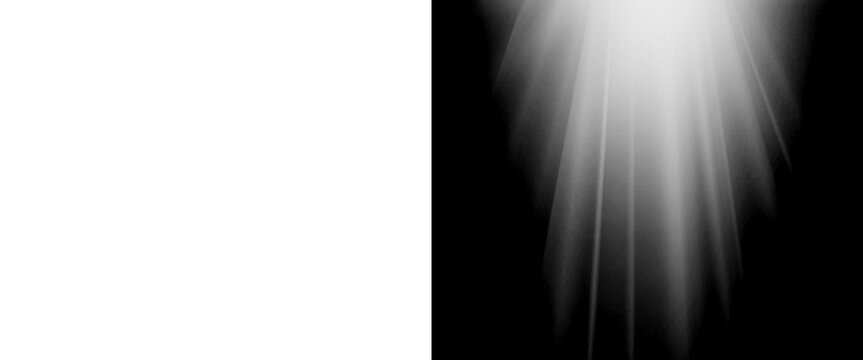 Cinematic sun rays on black background, ethereal light beam overlay, dramatic volumetric lighting effect for photo editing and compositing