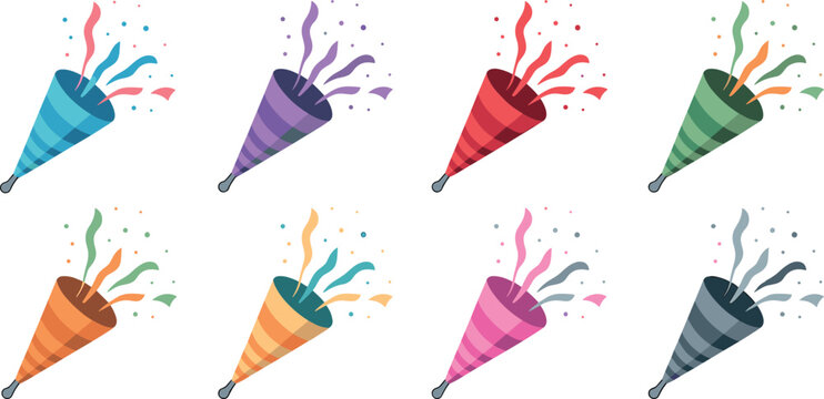 Colorful party popper collection with exploding confetti and streamers for birthday celebration anniversary events surprises and festive holiday carnival design