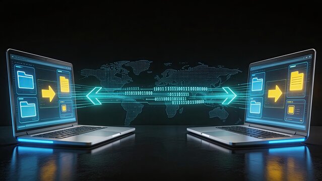 Global data synchronization between two laptops showing file transfer with binary code stream and world map background for international business technology concept