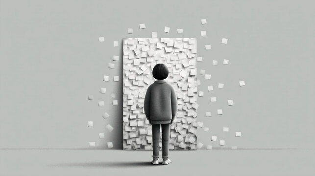 Teenager Standing in Front of Mirror with Sticky Notes Covering the Frame - Self-Worth and Inner Dialogue, Black and White Ink Illustration

