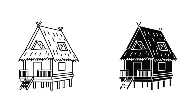 A-frame wooden cabin on stilts silhouette and line art icon set isolated on white background for travel and architecture design