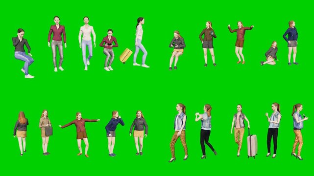 3d people man on green screen chroma key background animated character scattered on ground and standing on in casual summer clothes ideal for compositing animation production motion