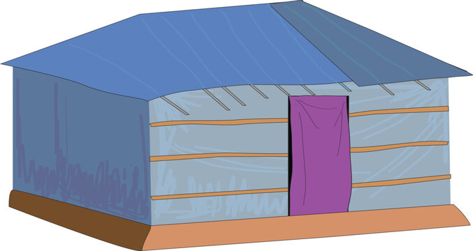 Bangladeshi Indian rohingya refugee village poor house made of mud bamboo thatch wood clay polyethylene plastic sheeting dochala ghor