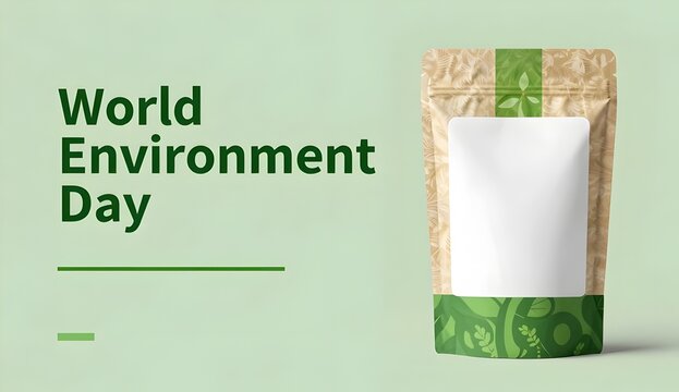 Sustainable packaging mockup. Recycled paper pouch for organic products, World Environment Day