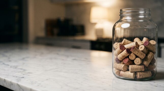 Glass jar filled with wine corks on a marble kitchen counter.