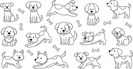 Fototapeta premium Black and white dog collection with bones line art illustration